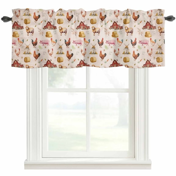Farm Animal Valances for Windows Farmhouse Red Barn Sheep Pigs Rooster Country Linen Texture Rod Pocket Curtain Valance Window Treatment Short Curtains for Kitchen Living Room, 42"x12"