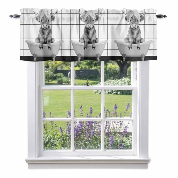 Farm Animal Valances for Windows Gray Shower Cap Tub Funny Calf Cow Farmhouse Plaids Rod Pocket Cafe Window Treatments Valance Curtains for Kitchen Bathroom Laundry Basement Windows 42"x12"