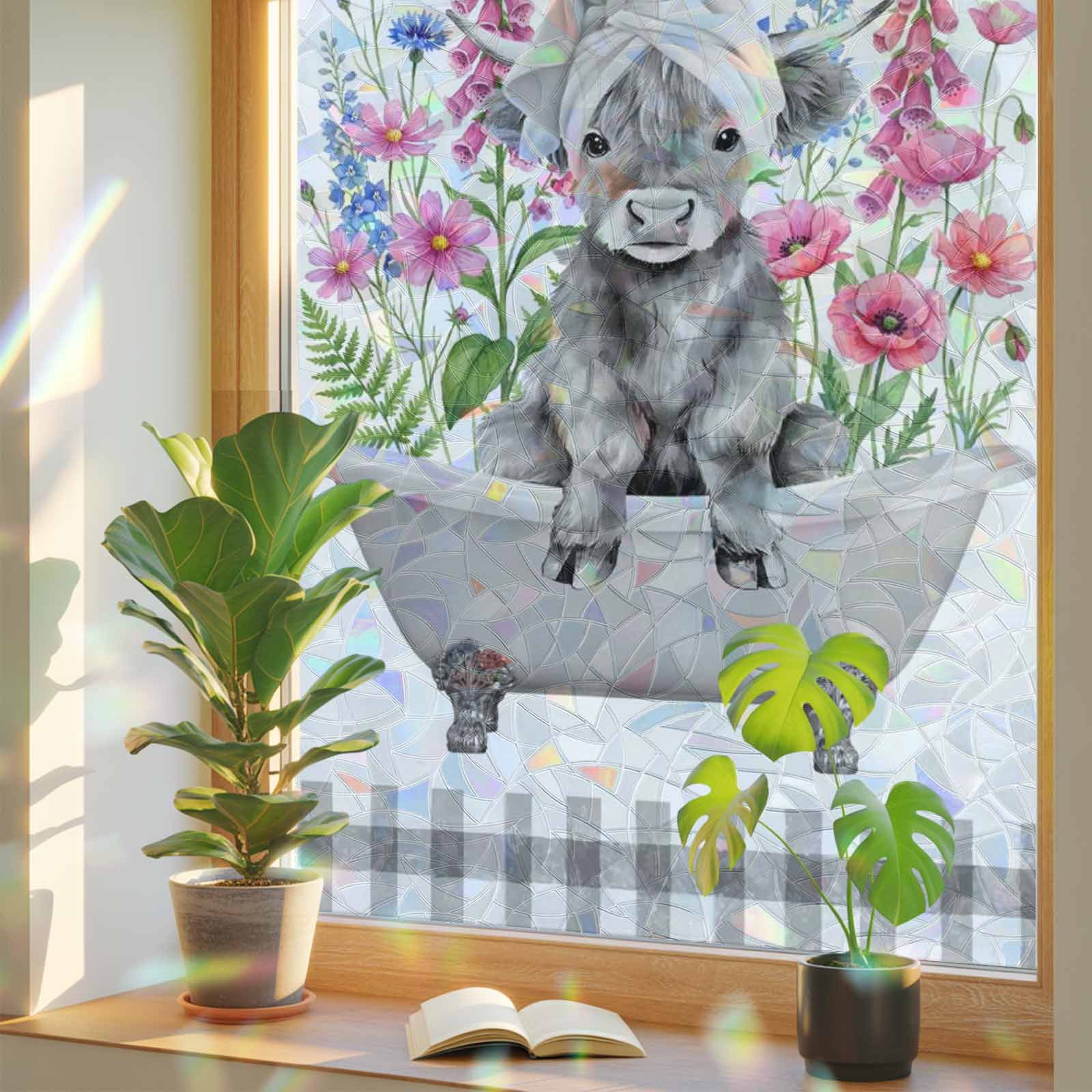 Farm Animal Window Privacy Film, Gray Shower Cap Tub Funny Calf Cow ...