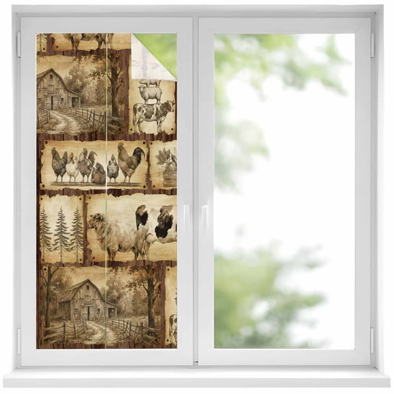Farm Animal Window Privacy Film, Retro Chicken Cow Sheep Pig Pine Trees Silhouette Farmhouse Frosted Glass Window Clings Static Cling UV Heat Blocking Door Sticker for Bathroom 19.6x39.3 Inch
