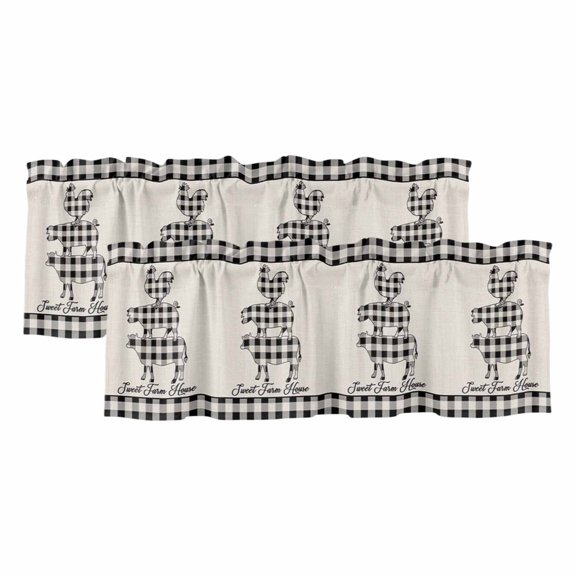 Farm Animal Window Valance, Buffalo Plaid Cow Pig Chicken 2 Pack Decorative Curtain for Small Windows, Light Filtering Valance with 3” Rod Pocket, 42"W x 12"L