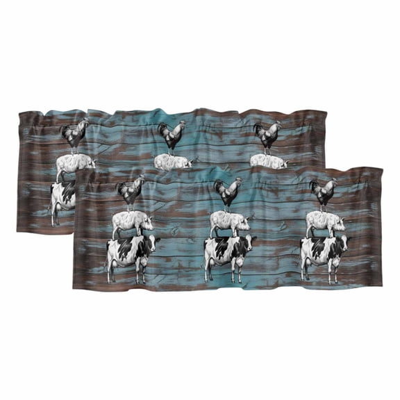 Farm Animal Window Valance, Chicken Pig Cow Farmhouse Teal Wood Grain 2 Pack Decorative Curtain for Small Windows, Light Filtering Valance with 3” Rod Pocket, 42"W x 12"L
