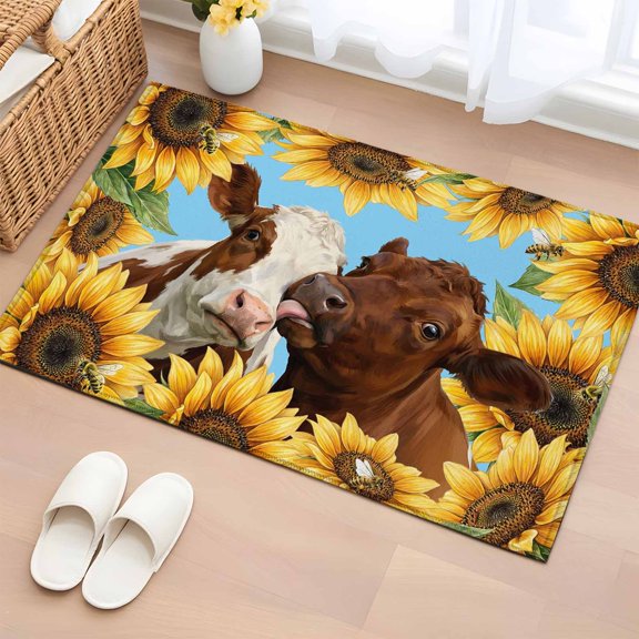 Farm Animals 2'x3' Rug for Entryway Front Door Kitchen Sink Area, Funny Pair Cows Rustic Bee Blue Sky Pastoral Sunflower Low Pile Non Slip Rectangle Area Rug, Machine Washable Indoor Outdoor Mat