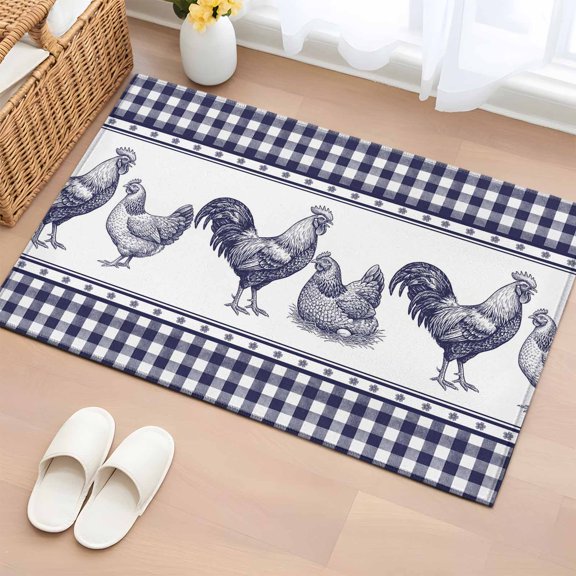 Farm Animals 2'x3' Rug for Entryway Front Door Kitchen Sink Area, Graffiti Line Drawing Rooster Hen Farmhouse Plaid Low Pile Non Slip Rectangle Area Rug, Machine Washable Indoor Outdoor Mat