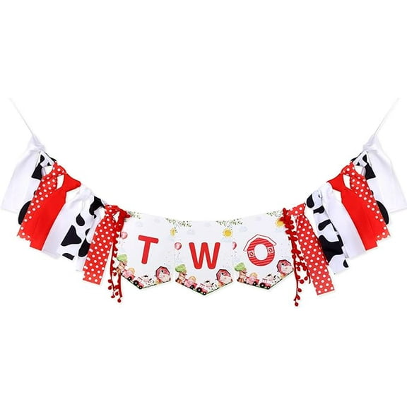 Farm Animals 2nd Birthday High Chair Banner - Red Farm 2nd Birthday Party Decorations, Boy Girl, Farmhouse Barnyard Photo Props Souvenir Gifts