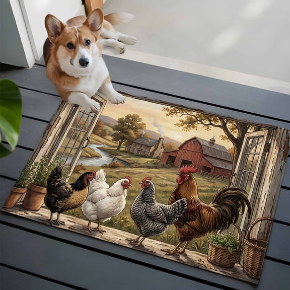 Farm Animals 2x3 Area Rugs for Living Room, Pastoral Landscape Farmhouse Rooster Hen Chicken Barn Non Slip Floor Mat Washable Low-Profile Indoor Carpet for Bedroom, Dining Room, Bathroom