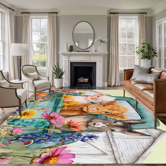 Farm Animals 5'x7' Rug for Living Room Sofa and Coffee Table Layout, Funny Pig Cow Donkey Retro Truck Spring Wildflower Washable Non Slip Rectangle Area Rug