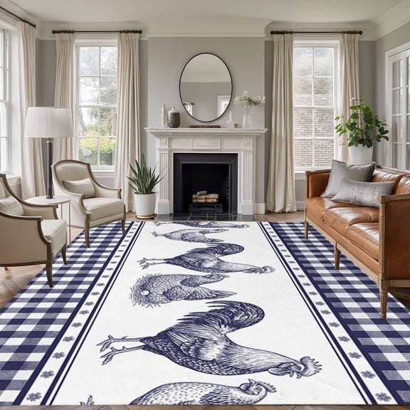 Farm Animals 6'x9' Rug for Dining Room Table and Chair Setup, Graffiti Line Drawing Rooster Hen Farmhouse Plaid Low Pile Non Slip Rectangle Area Rug for Living Room, Machine Washable Indoor Mat