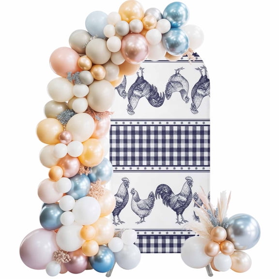 Farm Animals Arch Backdrop Cover 4 FT Graffiti Line Drawing Rooster Hen Farmhouse Plaid Stretchy Elastic Arch Stand Covers Spandex Arched Background Birthday Wedding Party Decoration (No Stand)