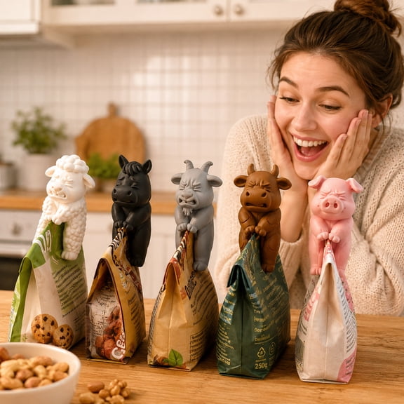 Farm Animals Bag Clips 5 Pack Food Sealing Clips with Magnet Funny Grumpy Expressions for Kitchen Storage