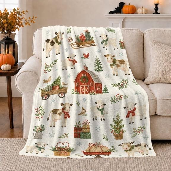 Farm Animals with Barn and Christmas Greenery, Rustic Holiday Style for Farm Lovers and Christmas Gift, Cozy Flannel Blanket for Living Room and Bedroom, Home Decor