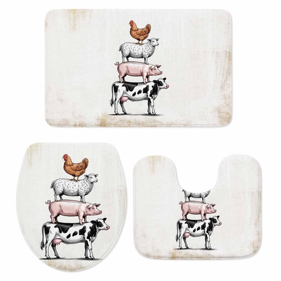 Farm Animals Bathroom Rugs Set Cow Pig Chickens Country White Brown Distressed Non Slip Absorbent Soft Bath Mats 3 Piece Set with Bathroom Rug, U-Shaped Floor Mat, Toilet Seat Cover Small Size