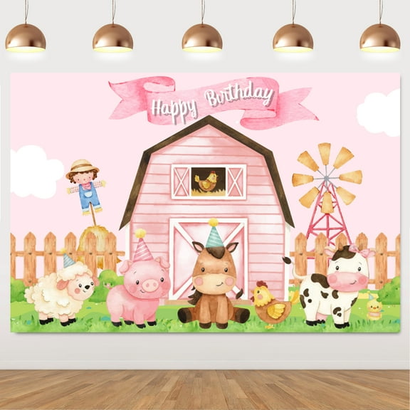 Farm Animals Birthday Backdrop Decorations, Pink Happy Birthday Background Cloth, Farmhouse Barnyard Party Supplies, Farm Cow Theme Girls 1st 2nd Birthday Backdrop Decor