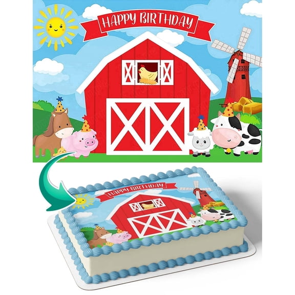 Farm Animals Birthday Cow Sheep Horse Chicken Birthday Edible Icing Image Cake Topper, by Tnct.