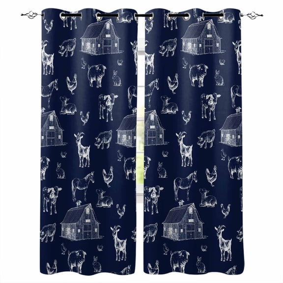 Farm Animals Blackout Curtains 45 Inch Length Navy Blue Farmhouse Chicken Cow Sheep Pig House Country Thermal Insulated Window Curtain Window Drapes 2 Panels for Bedroom Living Room 52"Wx45"L