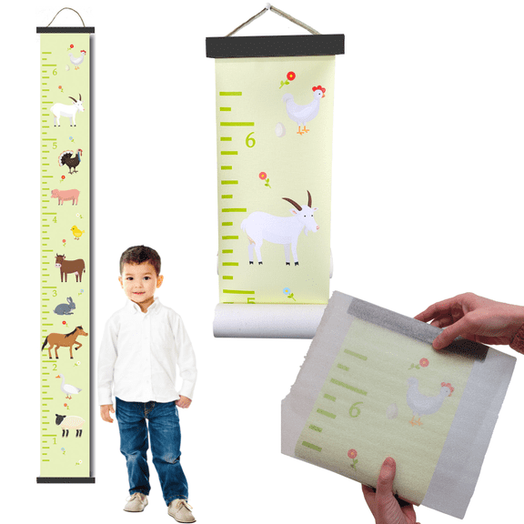 Farm Animals Canvas Growth Chart for Kids Wall Ruler Growth Chart Wood Frame Fabric Sign Removable Height Measure Chart for Boys Girls Growth Ruler, Black Wood