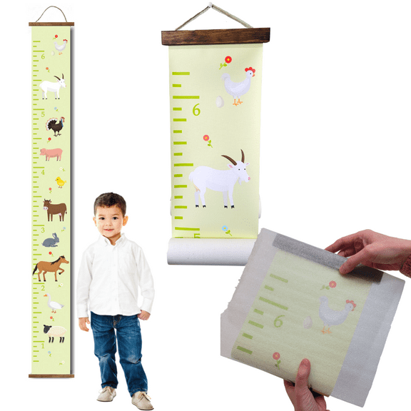 Farm Animals Canvas Growth Chart for Kids Wall Ruler Growth Chart Wood Frame Fabric Sign Removable Height Measure Chart for Boys Girls Growth Ruler, Walnut Wood