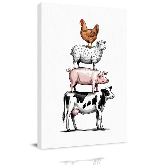 Farm Animals Canvas Wall Art for Living Room, Cow Pig Chickens Countryside White Background Wall Decor Framed Artwork Pictures Ready to Hang for Bedroom Office Home Decor