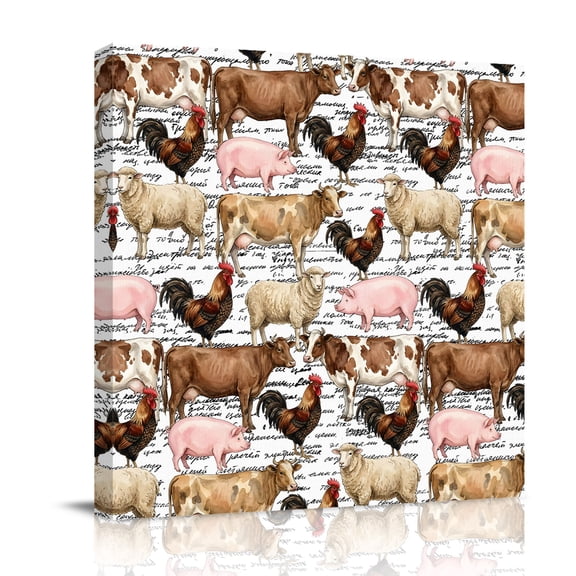 Farm Animals Canvas Wall Art for Living Room, Farmhouse Chicken Cow Sheep Pig Rustic Country Wall Decor Framed Artwork Pictures Ready to Hang for Bedroom Office Home Decor