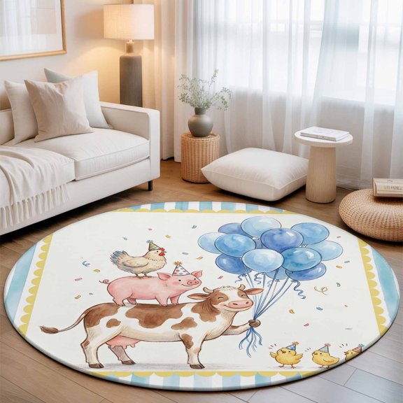 Farm Animals Cattle Pig Hen Round Rug 5ft Cute Chick Blue Balloon Washable Area Rugs for Living Room Bedroom Entryway Non Slip Entrance Door Mat Indoor Floor Carpet