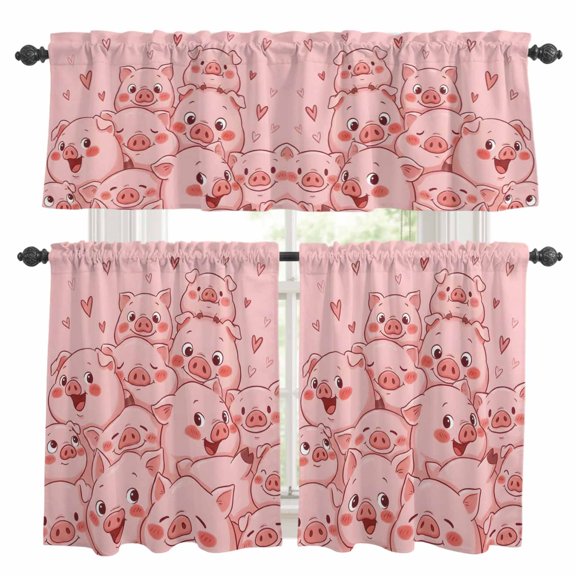 Farm Animals Cheek Kitchen Curtains Valances and Tiers Set of 3 Cute Cartoon Themed Funny Pink Pig Face Graffiti Tier Curtains and Valance with Rod Pocket for Small Windows, 27.5"x24"