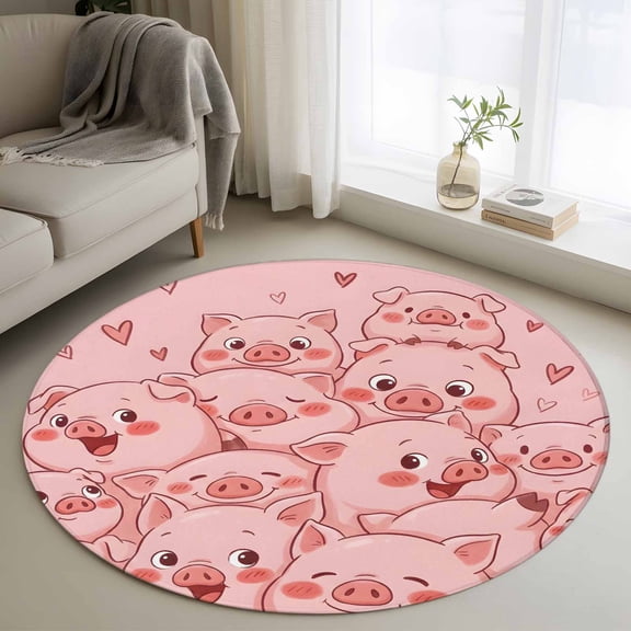Farm Animals Cheek Round Rugs for Living Room 3ft Cute Cartoon Themed Funny Pink Pig Face Graffiti Non Slip Circle Rug Washable Low-Profile Indoor Carpet for Bedroom, Dining Room, Bathroom