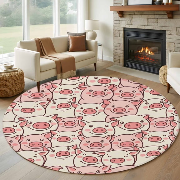 Farm Animals Cheek Round Rugs for Living Room 7ft Cute Cartoon Funny Pig Face Graffiti Non Slip Circle Rug Washable Low-Profile Indoor Carpet for Bedroom, Dining Room, Bathroom