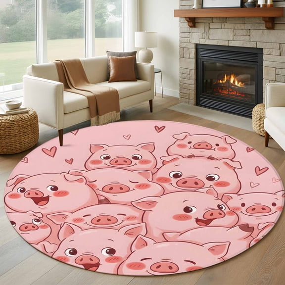 Farm Animals Cheek Round Rugs for Living Room 7ft Cute Cartoon Themed Funny Pink Pig Face Graffiti Non Slip Circle Rug Washable Low-Profile Indoor Carpet for Bedroom, Dining Room, Bathroom