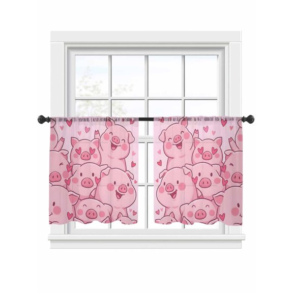 Farm Animals Cheek Sheer Curtains 2 Panels Set Cute Cartoon Funny Pig Face Graffiti Pink Sheer Window Curtains Light Filtering Rod Pocket Voile Drapes for Bedroom Living Room 52"x45"