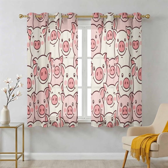 Farm Animals Cheek Sheer Curtains 39 Inch Long 2 Panels, Cute Cartoon Funny Pig Face Graffiti Light Filtering Semi Sheer Drapes Grommet Voile Window Curtain for Living Bedroom W27.9 x L39