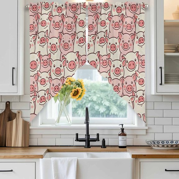 Farm Animals Cheek Swag Curtain Valance for Windows, Cute Cartoon Funny Pig Face Graffiti Window Treatments Short Swag Topper for Kitchen Windows Bathroom Bedroom, 28"x36"