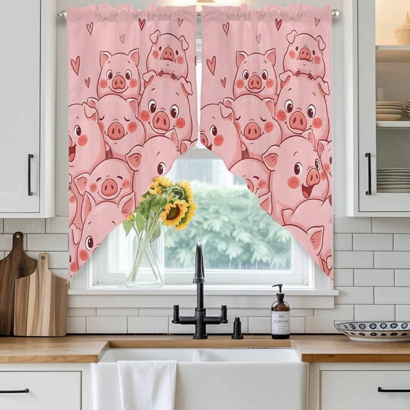 Farm Animals Cheek Swag Curtain Valance for Windows, Cute Cartoon Themed Funny Pink Pig Face Graffiti Window Treatments Short Swag Topper for Kitchen Windows Bathroom Bedroom, 36"x63"