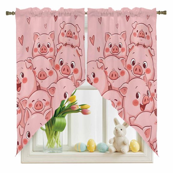 Farm Animals Cheek Swag Kitchen Curtain Valances, Cute Cartoon Themed Funny Pink Pig Face Graffiti Rod Pocket Curtains Window Treatment Decor Valances for Bedroom Bathroom, 2 Panels 36 x 36 Inch