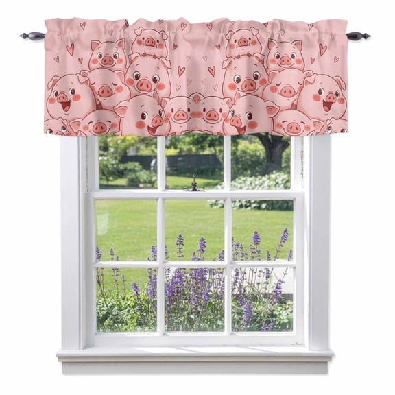 Farm Animals Cheek Valances for Windows Cute Cartoon Themed Funny Pink Pig Face Graffiti Rod Pocket Cafe Window Treatments Valance Curtains for Kitchen Bathroom Laundry Basement Windows 60"x14"