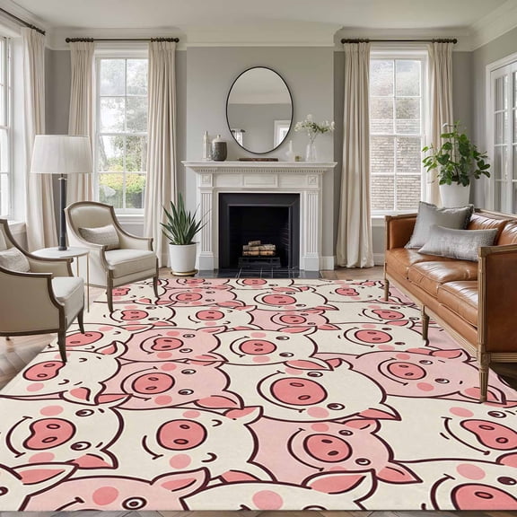 Farm Animals Cheek Washable Living Room Rugs 6'x9', Cute Cartoon Funny Pig Face Graffiti Low Pile Throw Large Area Rug Non-Slip Sturdy Edge Binding Carpet for Dining Room Kitchen Office