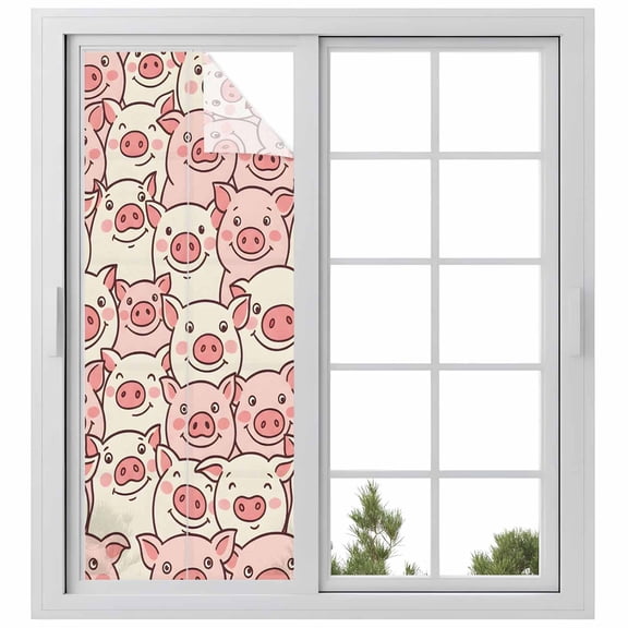 Farm Animals Cheek Window Privacy Film, Cute Cartoon Funny Pig Face Graffiti Frosted Glass Window Clings Static Cling UV Heat Blocking Reusable Door Sticker for Bathroom 29.5 x 78.7 Inch