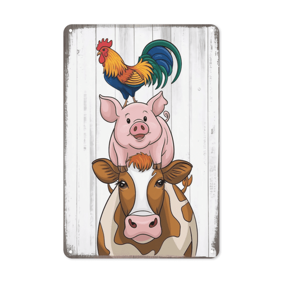 Farm Animals Chicken Pig Cow Metal Tin Sign Rustic Farmhouse Kitchen Decor Perfect For Hanging In Barn Garden Shed Country Style Vintage Finish Weatherproof Coating Gift For Farmer Housewarming