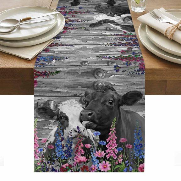 Farm Animals Cotton Linen Table Runner Funny Pair Cows Rustic Wildflower Pastoral Landscape Dining Table Runners for Home Decor Party Dining Room Restaurant Kitchen Party 13" x 36"