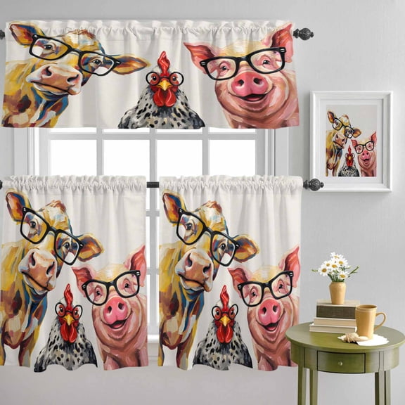 Farm Animals Cow Chicken Pig Curtain Tier and Valance Set 3 Piece, Abstract Trio in Glasses 3-inch Rod Pocket Window Tier Curtains Valance for Kitchen Living Room
