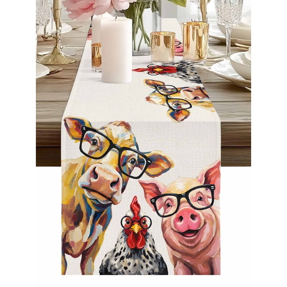 Farm Animals Cow Chicken Pig Table Runner-36 Inch Long Abstract Trio in Glasses Table Runners Linen Burlap Tablerunner for Kitchen Dining Room Holiday Party