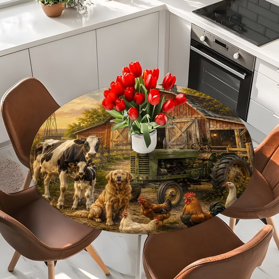 Farm Animals Cow Dog Rooster Duck Round Fitted Tablecloth with Elastic Edge,Waterproof Table Cloth Fits 36"-44"Tables,Wipeable Table Cover for Indoor Outdoor Dinning Party,Red Barn Green Tractor