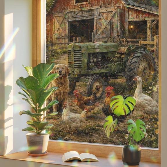 Farm Animals Cow Dog Rooster Duck Window Privacy Film, Rainbow Film Decorative Window Sticker 17.7x39.3in, Red Barn Green Tractor Sun Blocking Static Stained Glass Cling Tint Non-Adhesive
