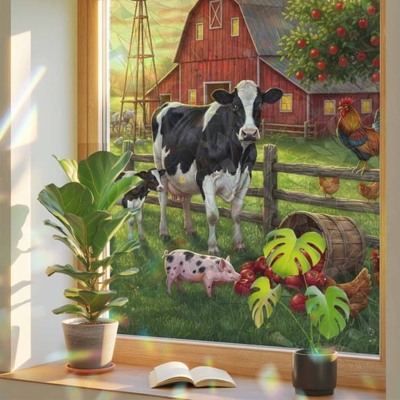 Farm Animals Cow Pig Chicken Duck Horse Window Privacy Film, Rainbow Film Decorative Window Sticker 17.7x39.3in, Red Apples Tree Sun Blocking Static Stained Glass Cling Tint Non-Adhesive