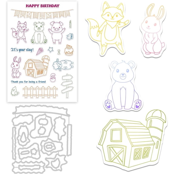 Farm Animals Cutting Dies and Silicone Clear Stamps Set with Fence Shape for Card Making DIY Scrapbooking Photo Album Invitation Greeting Cards Decor Paper Craft DIY