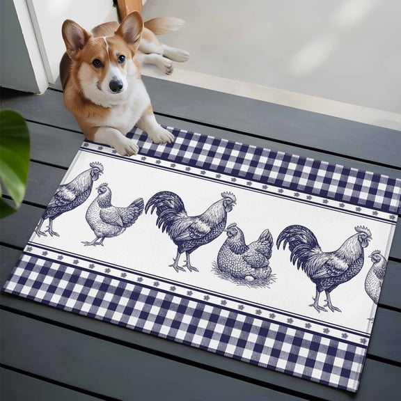 Farm Animals Front Door Rugs 2x3 ft Graffiti Line Drawing Rooster Hen Farmhouse Plaid Small Rug for Entryway Non Slip Washable Bathroom Door Mat Absorbent Floor Mat for Indoor Entrance