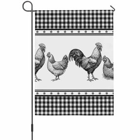 Farm Animals Garden Flag 12 x 18 Inches, Graffiti Line Drawing Rooster Hen Farmhouse Black Plaid Weather Proof Outdoor Patio Flags Double Sided Small Garden Decoration for Yard Outside Home