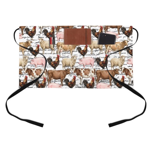 Farm Animals Half Waist Apron Farmhouse Chicken Cow Sheep Pig Rustic Country Short Waiter Aprons with 3 Pockets for Women Men Kitchen Restaurant Cooking