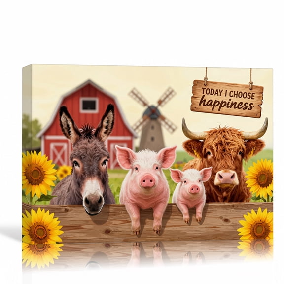 Farm Animals Happiness Wall Art Country Canvas Print Red Barn Windmill Gallery Wrapped Canvas Dining Room Decor 30"L x 20"W
