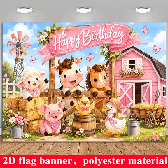 Farm Animals Happy Birthday Backdrop for Girl Pink Barn Cute Cartoon Animal Birthday Background Rustic Floral Butterfly Birthday Party Decorations Banner Supplies Photo Booth Props