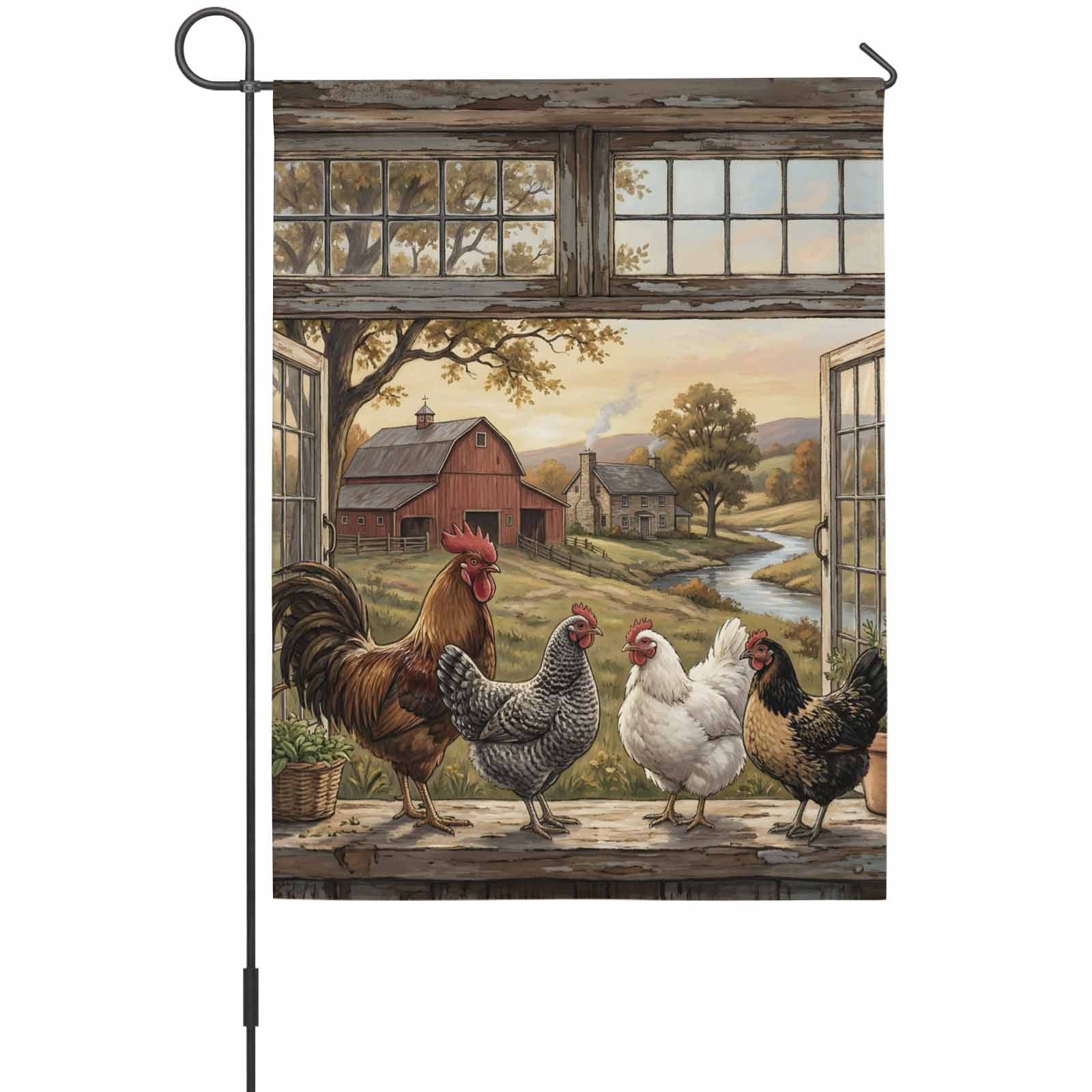 Farm Animals House Flag 28 x 40 Inches, Pastoral Landscape Farmhouse Rooster Hen Chicken Barn Weather Proof Outdoor Patio Flags Double Sided Small House Decoration for Yard Lawn Outside Home